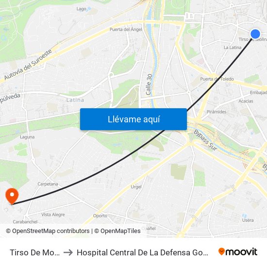Tirso De Molina to Hospital Central De La Defensa Gomez Ulla map