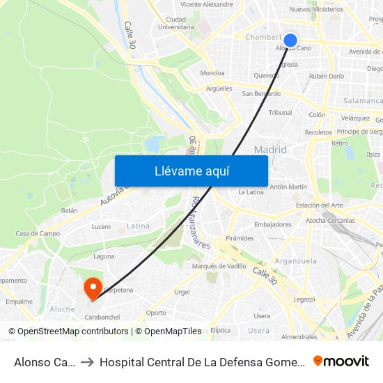 Alonso Cano to Hospital Central De La Defensa Gomez Ulla map