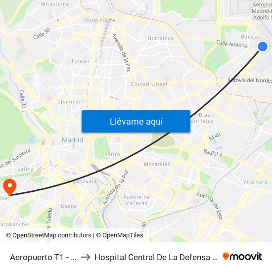 Aeropuerto T1 - T2 - T3 to Hospital Central De La Defensa Gomez Ulla map