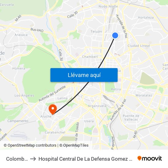 Colombia to Hospital Central De La Defensa Gomez Ulla map