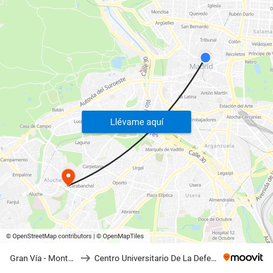 Gran Vía - Montera to Centro Universitario De La Defensa map