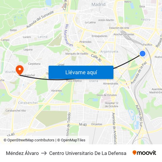 Méndez Álvaro to Centro Universitario De La Defensa map