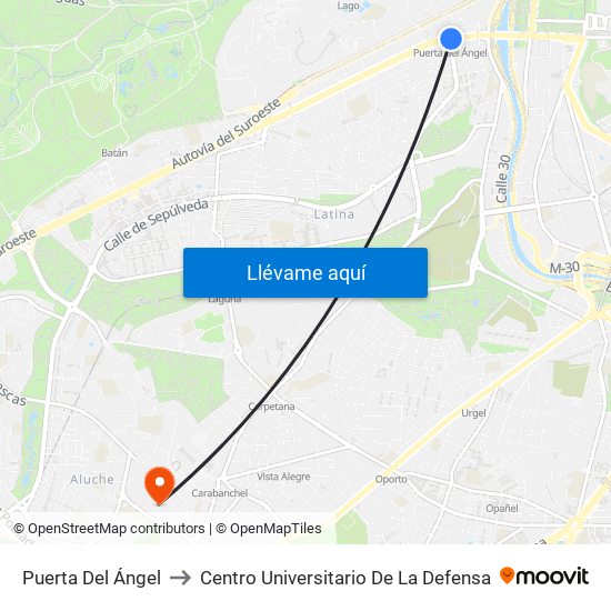 Puerta Del Ángel to Centro Universitario De La Defensa map