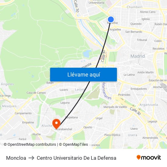 Moncloa to Centro Universitario De La Defensa map