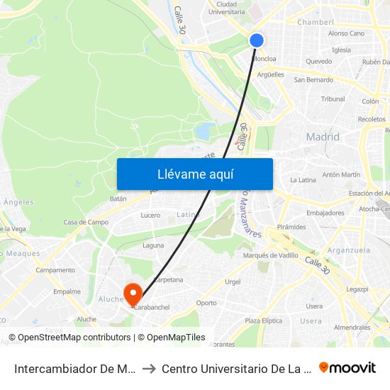 Intercambiador De Moncloa to Centro Universitario De La Defensa map