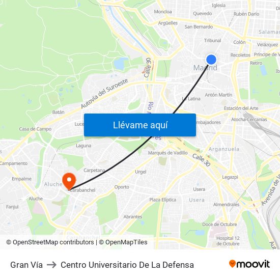 Gran Vía to Centro Universitario De La Defensa map