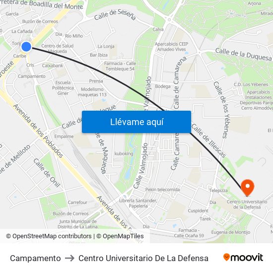 Campamento to Centro Universitario De La Defensa map