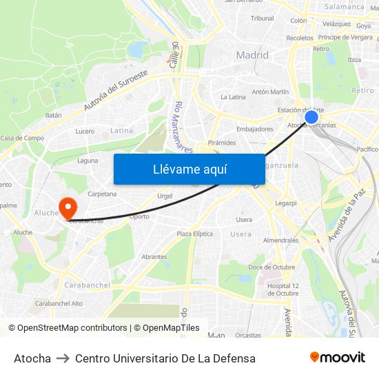 Atocha to Centro Universitario De La Defensa map
