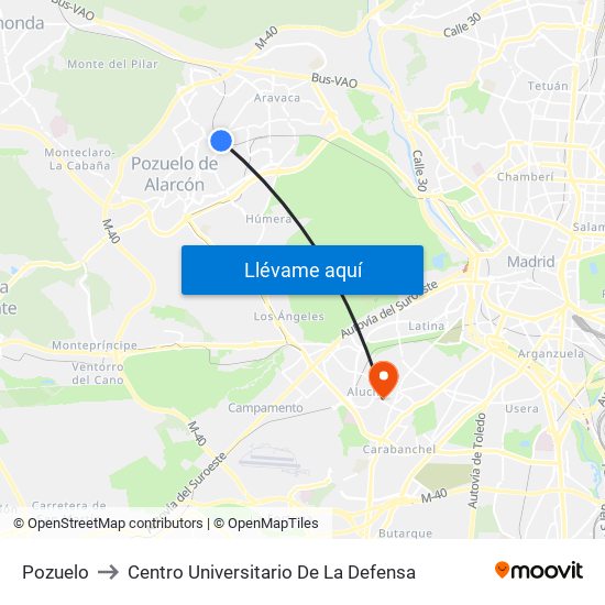 Pozuelo to Centro Universitario De La Defensa map