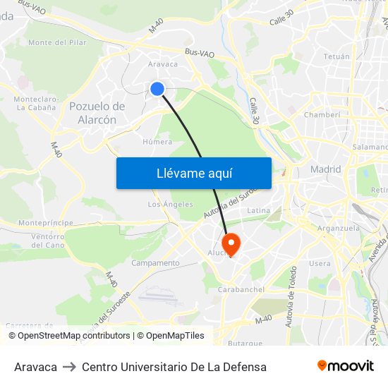 Aravaca to Centro Universitario De La Defensa map