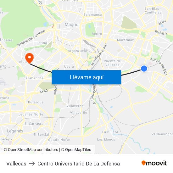 Vallecas to Centro Universitario De La Defensa map