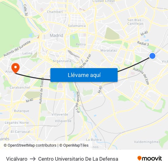 Vicálvaro to Centro Universitario De La Defensa map