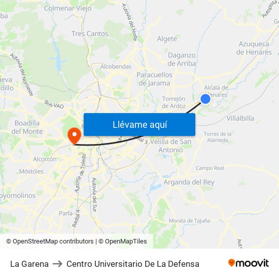 La Garena to Centro Universitario De La Defensa map