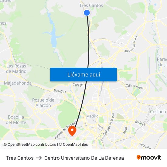 Tres Cantos to Centro Universitario De La Defensa map