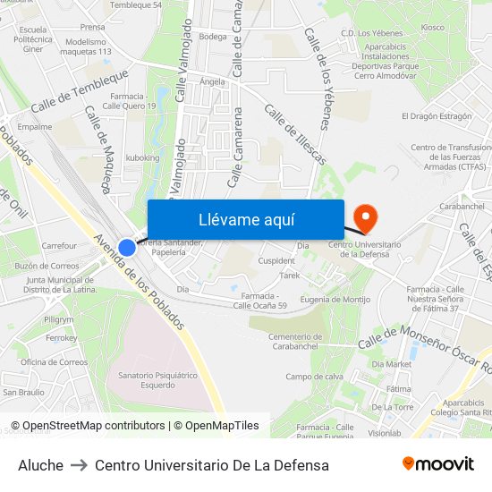Aluche to Centro Universitario De La Defensa map