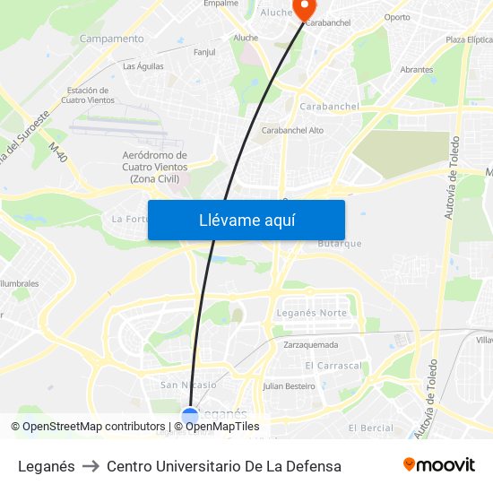 Leganés to Centro Universitario De La Defensa map