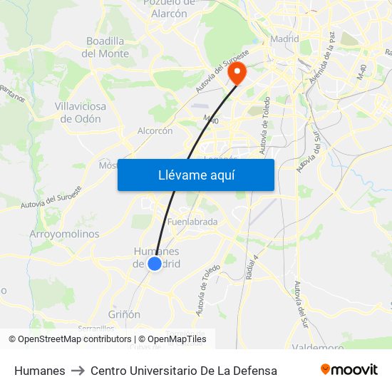 Humanes to Centro Universitario De La Defensa map