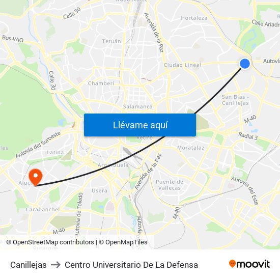 Canillejas to Centro Universitario De La Defensa map