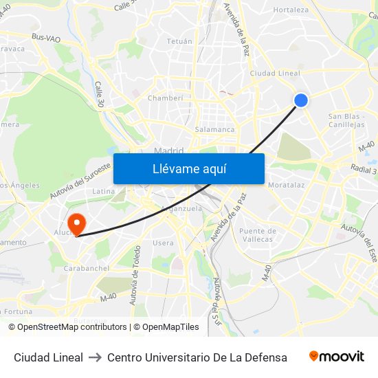 Ciudad Lineal to Centro Universitario De La Defensa map