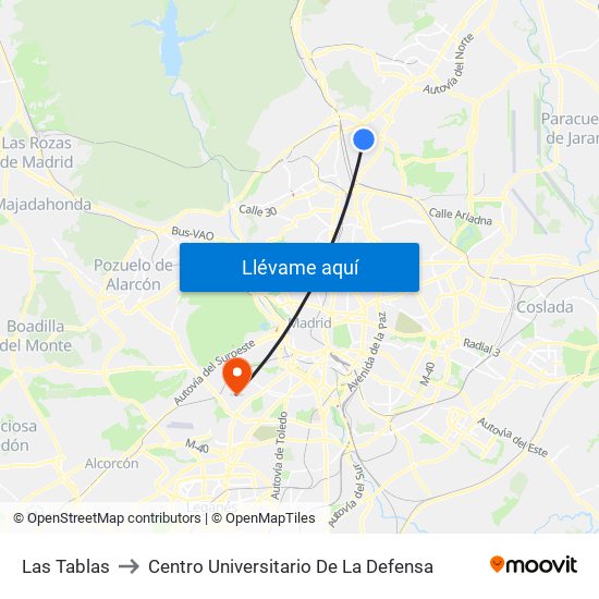 Las Tablas to Centro Universitario De La Defensa map