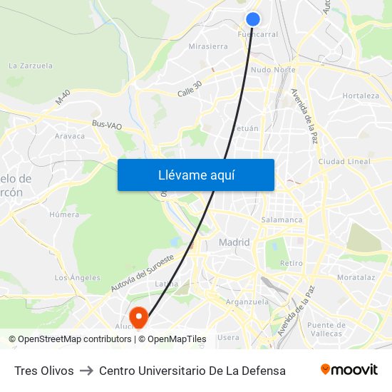 Tres Olivos to Centro Universitario De La Defensa map