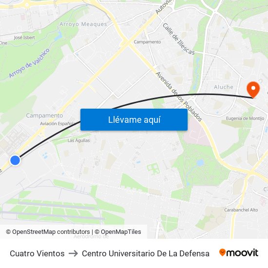 Cuatro Vientos to Centro Universitario De La Defensa map
