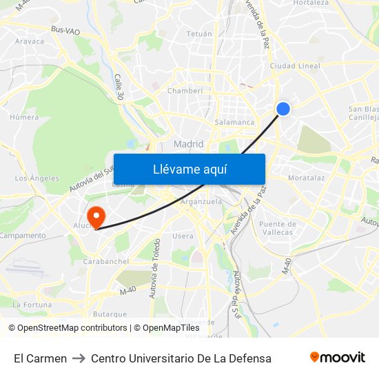 El Carmen to Centro Universitario De La Defensa map