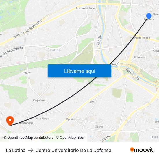 La Latina to Centro Universitario De La Defensa map