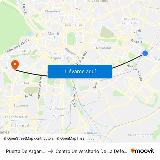 Puerta De Arganda to Centro Universitario De La Defensa map