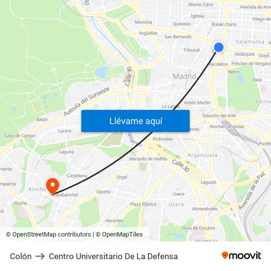 Colón to Centro Universitario De La Defensa map