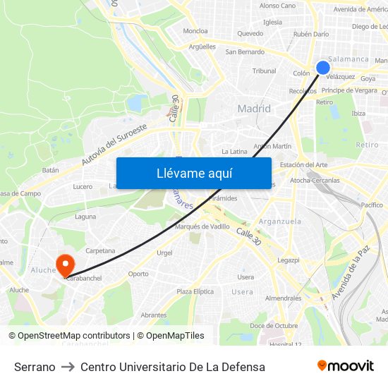 Serrano to Centro Universitario De La Defensa map