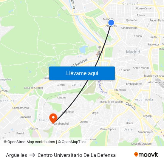 Argüelles to Centro Universitario De La Defensa map