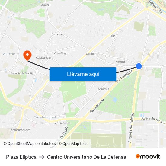 Plaza Elíptica to Centro Universitario De La Defensa map