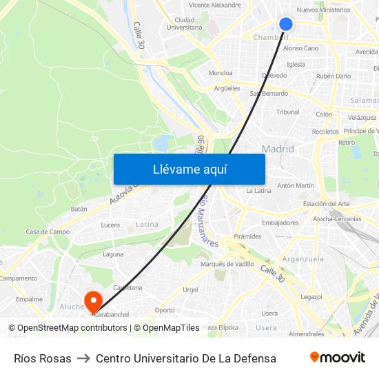 Ríos Rosas to Centro Universitario De La Defensa map