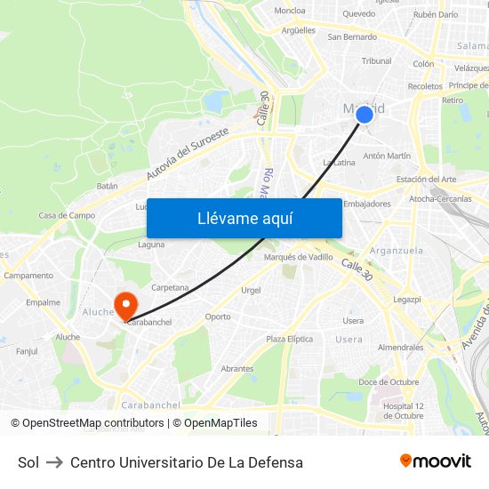 Sol to Centro Universitario De La Defensa map