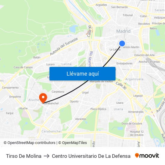 Tirso De Molina to Centro Universitario De La Defensa map