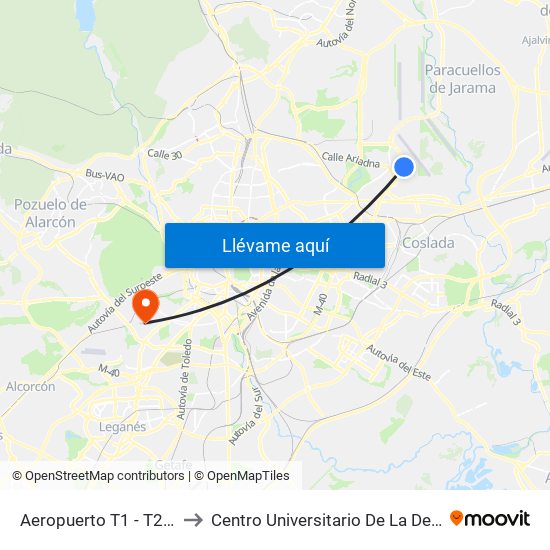 Aeropuerto T1 - T2 - T3 to Centro Universitario De La Defensa map