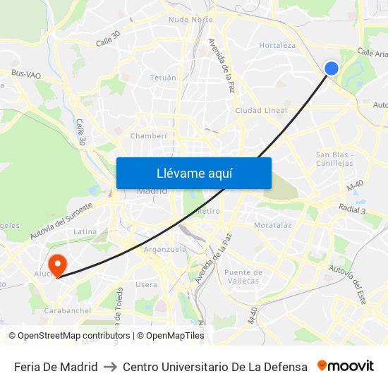 Feria De Madrid to Centro Universitario De La Defensa map