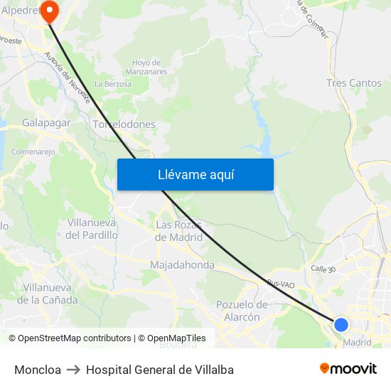 Moncloa to Hospital General de Villalba map