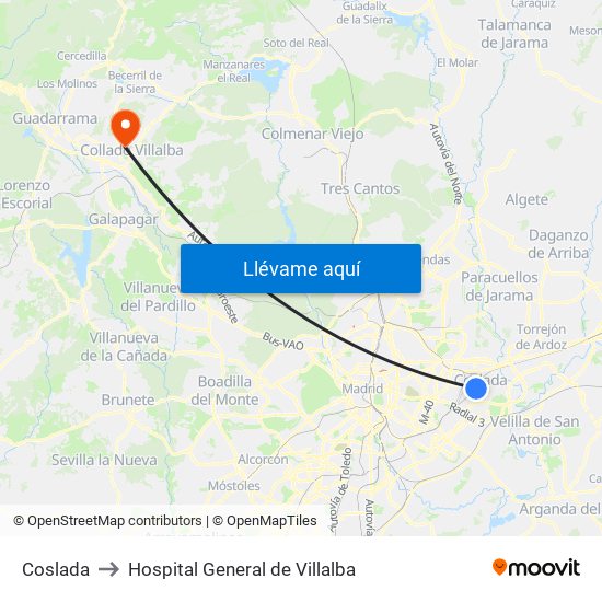 Coslada to Hospital General de Villalba map