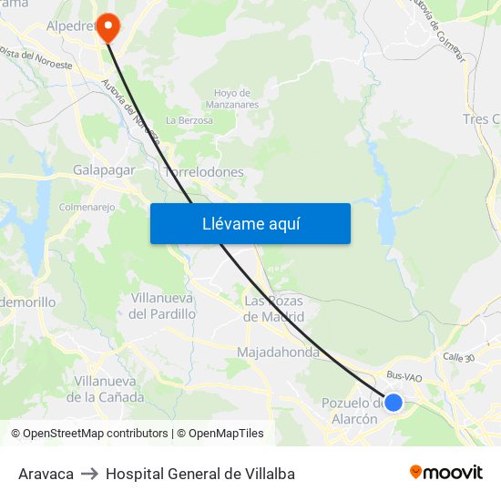 Aravaca to Hospital General de Villalba map