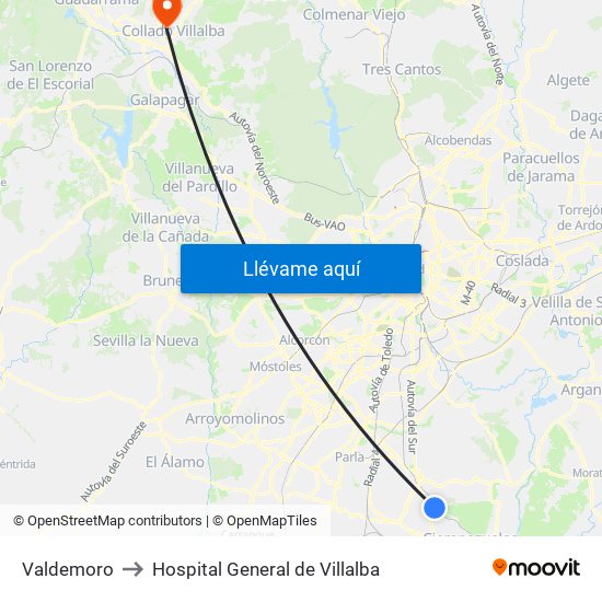 Valdemoro to Hospital General de Villalba map