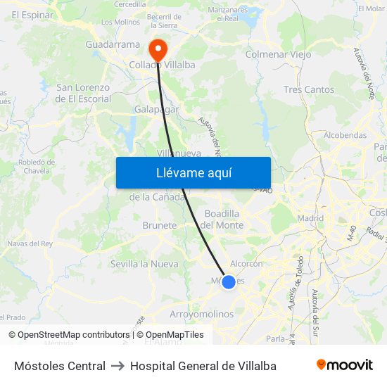 Móstoles Central to Hospital General de Villalba map