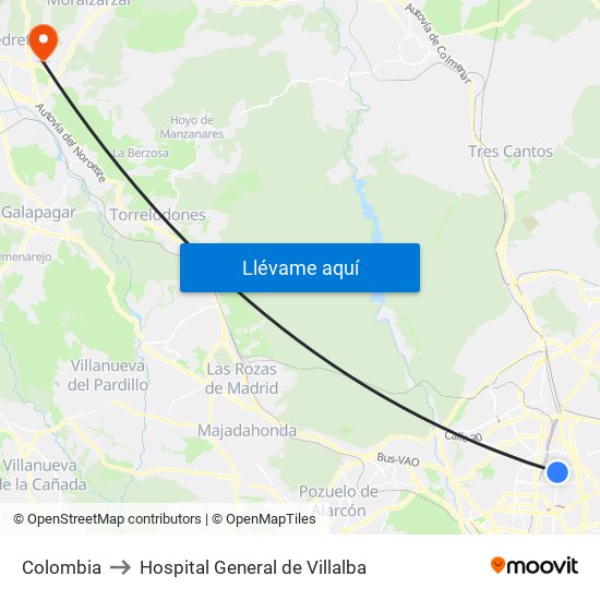 Colombia to Hospital General de Villalba map