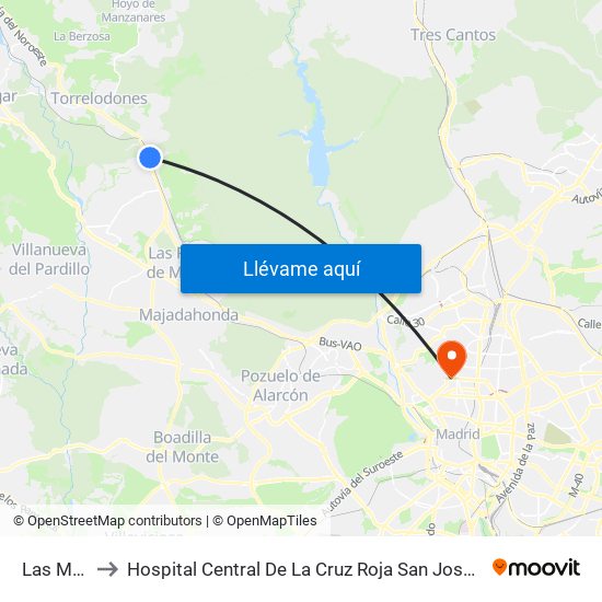 Las Matas to Hospital Central De La Cruz Roja San José Y Santa Adela map