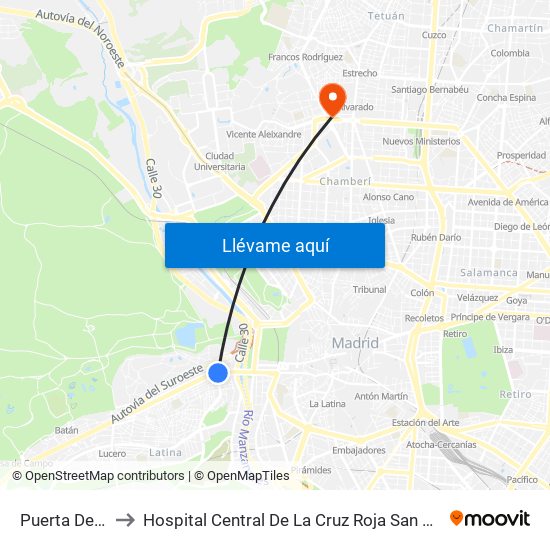 Puerta Del Ángel to Hospital Central De La Cruz Roja San José Y Santa Adela map