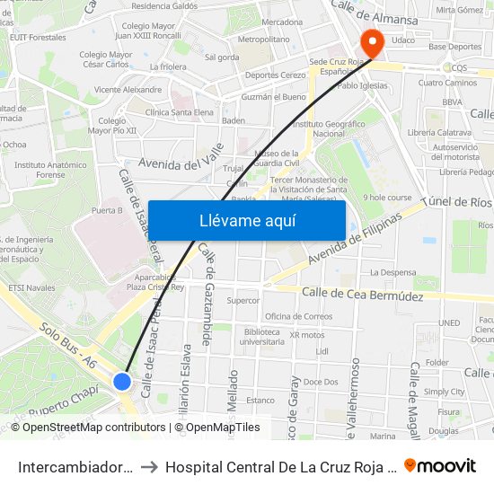 Intercambiador De Moncloa to Hospital Central De La Cruz Roja San José Y Santa Adela map