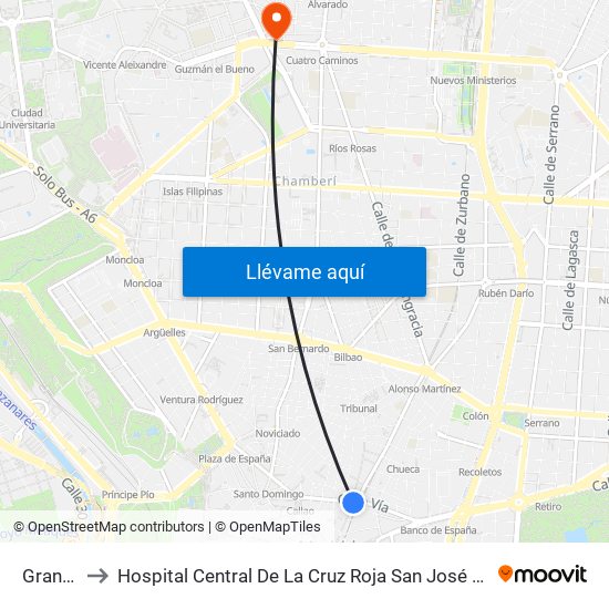 Gran Vía to Hospital Central De La Cruz Roja San José Y Santa Adela map