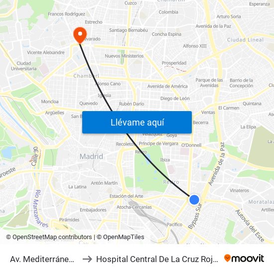 Av. Mediterráneo - Conde Casal to Hospital Central De La Cruz Roja San José Y Santa Adela map