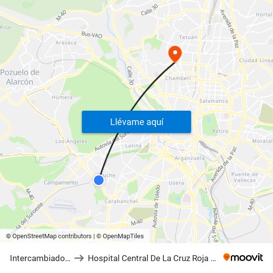 Intercambiador De Aluche to Hospital Central De La Cruz Roja San José Y Santa Adela map